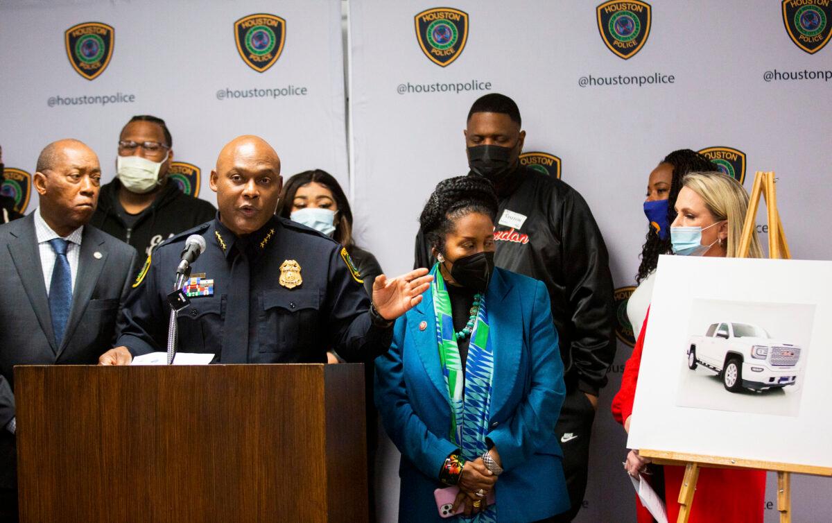 Houston Police Chief Troy Finner asks the Houston population to report information related to the suspect who shot 9-year-old Ashanti Grant in a road rage incident last week, at a press conference at the Houston Police Department headquarters in Houston on Feb. 14, 2022. (Marie D. De Jesús/Houston Chronicle via AP)