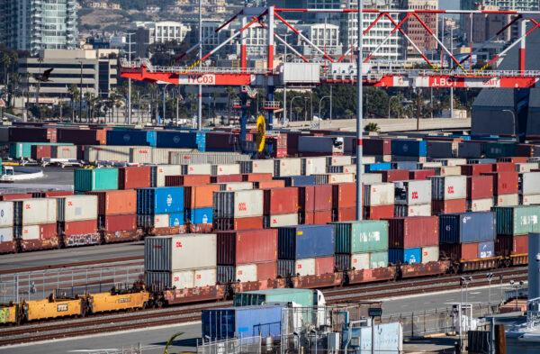 Trains with cargo containers prepare to leave the Port of Long Beach, Calif., on Jan. 11, 2022. (John Fredricks/The Epoch Times)