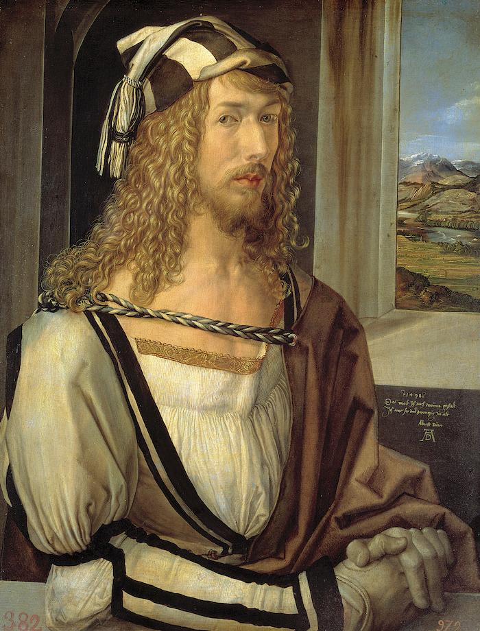  Dürer's self-portrait at age 26 (1498). (<a href="https://commons.wikimedia.org/wiki/File:Albrecht_D%C3%BCrer,_Selbstbildnis_mit_26_Jahren_(Prado,_Madrid).jpg">Public Domain</a>)