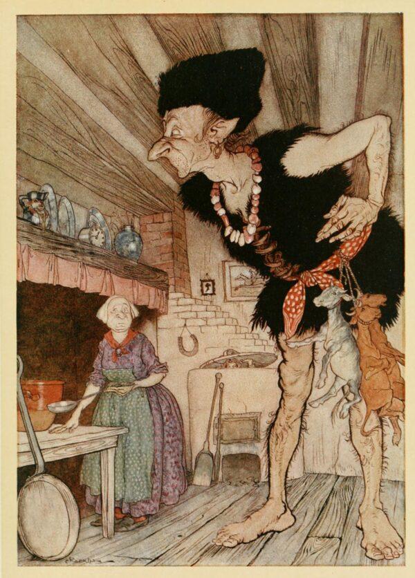 <span data-sheets-value="{"1":2,"2":"\"Fee-fi-fo-fum, I smell the blood of an Englishman,\" says the giant, in Arthur Rackham illustration to a 1918 collection called “English Fairy Tales.” (Public Domain)"}" data-sheets-userformat="{"2":277251,"3":{"1":0},"4":{"1":2,"2":2228223},"11":4,"12":0,"14":{"1":2,"2":2105634},"15":"Arial, sans-serif","16":14,"21":1}" data-sheets-hyperlink="https://en.wikipedia.org/wiki/Fee-fi-fo-fum" data-sheets-hyperlinkruns="{"1":1,"2":"https://en.wikipedia.org/wiki/Fee-fi-fo-fum"}{"1":14}"><a class="in-cell-link" href="https://en.wikipedia.org/wiki/Fee-fi-fo-fum" target="_blank" rel="noopener">"</a><a class="in-cell-link" href="https://en.wikipedia.org/wiki/Fee-fi-fo-fum" target="_blank" rel="noopener">Fee-fi-fo-fum</a></span>, I smell the blood of an Englishman," says the giant, in Arthur Rackham illustration for a 1918 collection called “English Fairy Tales.” (Public Domain)