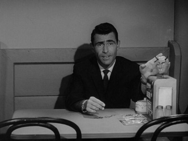 Rod Serling hosts "The Twilight Zone" episode "Nick of Time." (CBS Video Library)