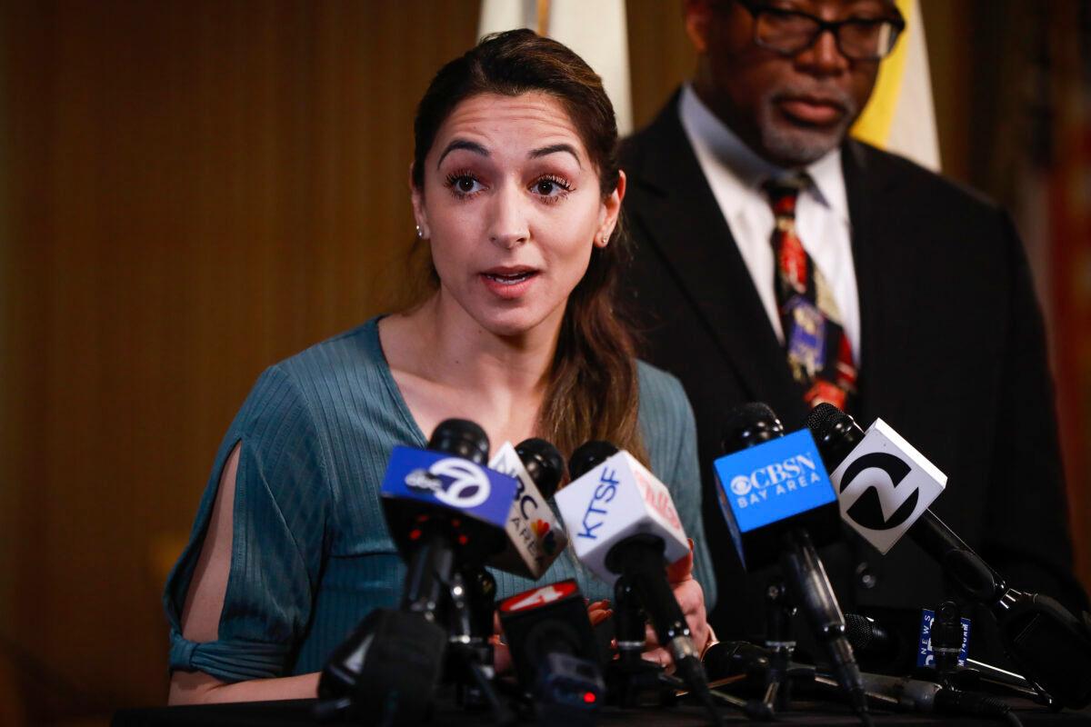 Gabriela Lopez speaks during a news conference in San Francisco, Calif., on March 12, 2020. (Gabrielle Lurie/San Francisco Chronicle via AP)