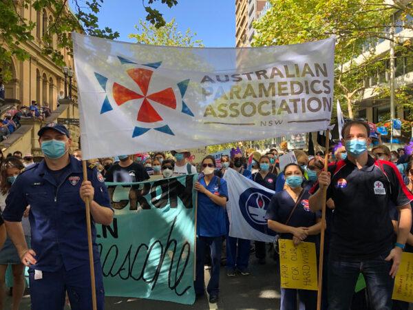 Paramedics marching with nurses in Sydney, Australia, on Feb. 15, 2022. (AAP Image/Supplied by the Australian Paramedics Association NSW)