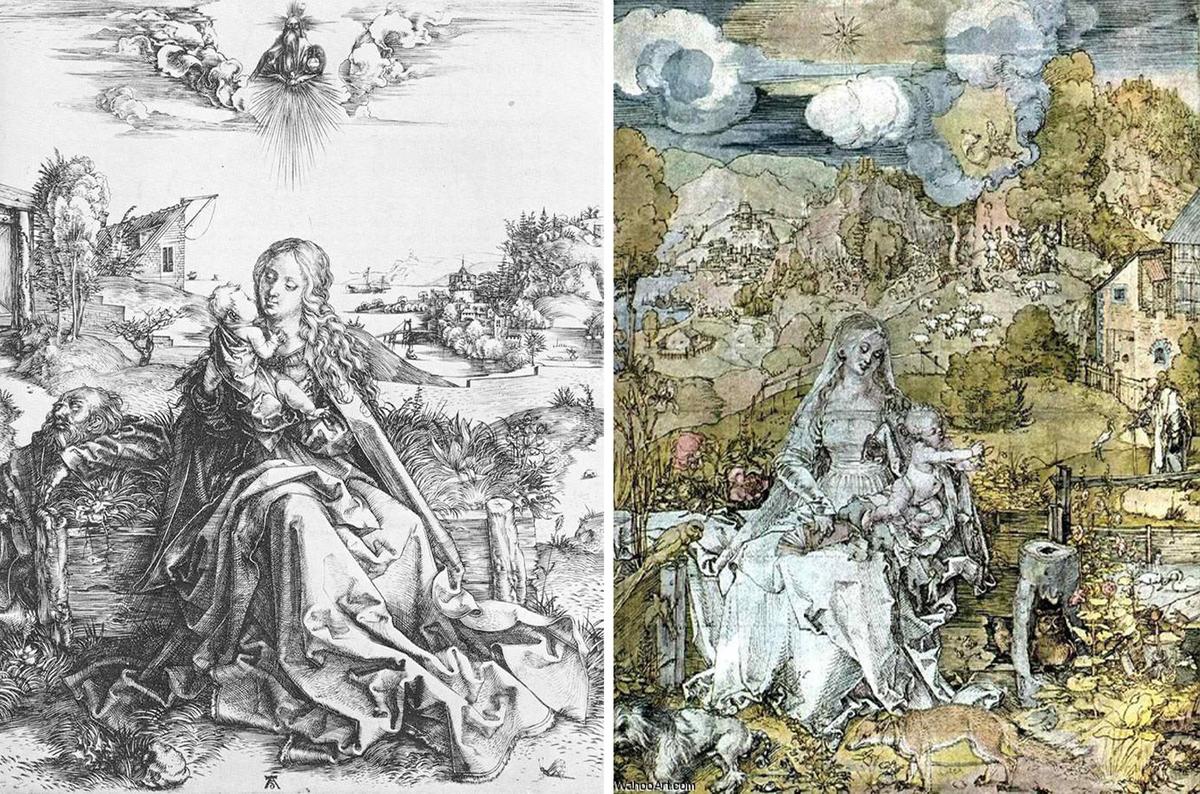  (Left) “Virgin and Child with a Dragonfly” (c. 1495) by Dürer (<a href="https://commons.wikimedia.org/wiki/File:The_Holy_Family_with_the_Dragonfly_by_Albrecht_Durer.jpg">Public Domain</a>); (Right) “Virgin with a Multitude of Animals” (circa 1506) by Dürer. (<a href="https://commons.wikimedia.org/wiki/File:Durer,_madonna_degli_animali.jpg">Public Domain</a>)