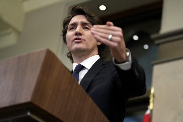 Prime Minister Justin Trudeau speaks during a media availability about the ongoing protests in Ottawa on Feb. 11, 2022. (Justin Tang/The Canadian Press)