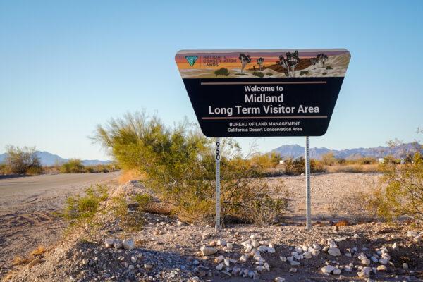 The Bureau of Land Management's Midland Long-Term Visitor Area is a camping spot for people who've fallen through the financial cracks of society and prefer to live off grid, on Feb. 13, 2022. (Allan Stein/The Epoch Times)