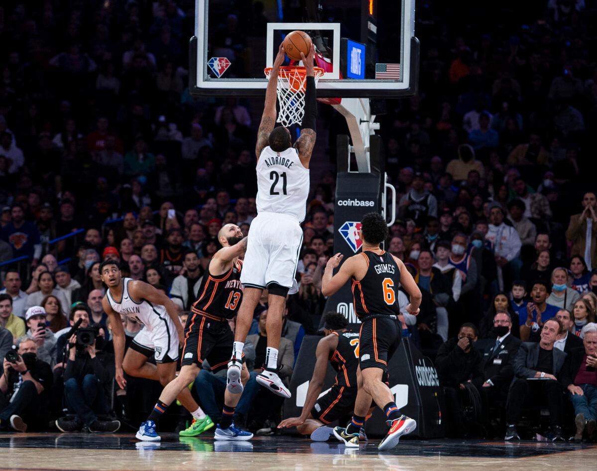 LaMarcus Aldridge #21 of the Brooklyn Nets dunks against the New York Knicks at Madison Square Garden, in New York City, on Feb. 16, 2022. (Michelle Farsi/Getty Images)