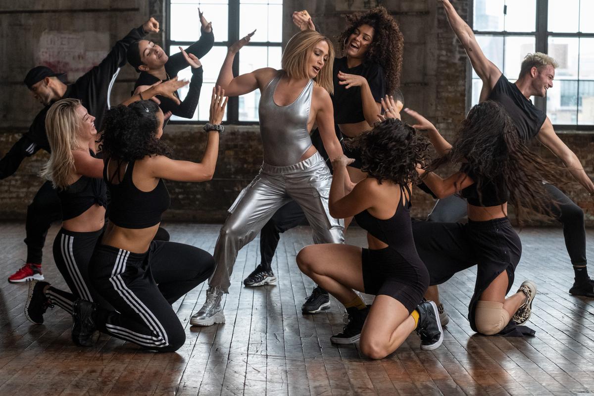 Kat (Jennifer Lopez), a global pop star, rehearses a dance number, in “Marry Me.” (Barry Wetcher/Universal Pictures)