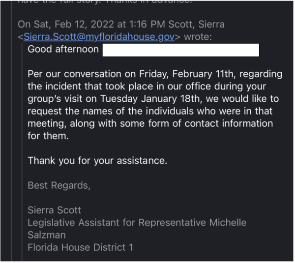 One of two Feb. 12 emails from Sierra Scott, Legislative Assistant for Representative Michelle Salzman to the Republican National Hispanic Assembly of Florida demanding the names and contact information of the members who attended the meeting. (Obtained by The Epoch Times)