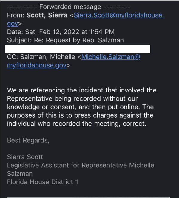The second of two Feb. 12 emails from Sierra Scott, Legislative Assistant for Representative Michelle Salzman to the Republican National Hispanic Assembly of Florida threatening legal action against the member who recorded the video. (Obtained by The Epoch Times)