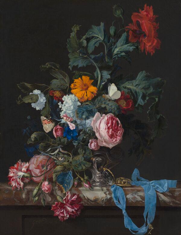 "Flower Still Life With a Timepiece," 1663, by Willem van Aelst. Oil on canvas; 24 5/8 inches by 19 3/8 inches. Mauritshuis, The Hague. (Mauritshuis, The Hague)