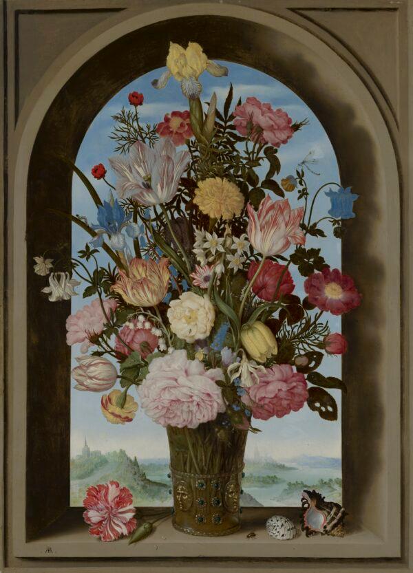 "Vase of Flowers in a Window," circa 1618, by Ambrosius Bosschaert the Elder. Oil on panel; 25 1/4 inches by 18 1/8 inches. Bequest of A.A. des Tombes, 1903. Mauritshuis, The Hague.  (Mauritshuis, The Hague)