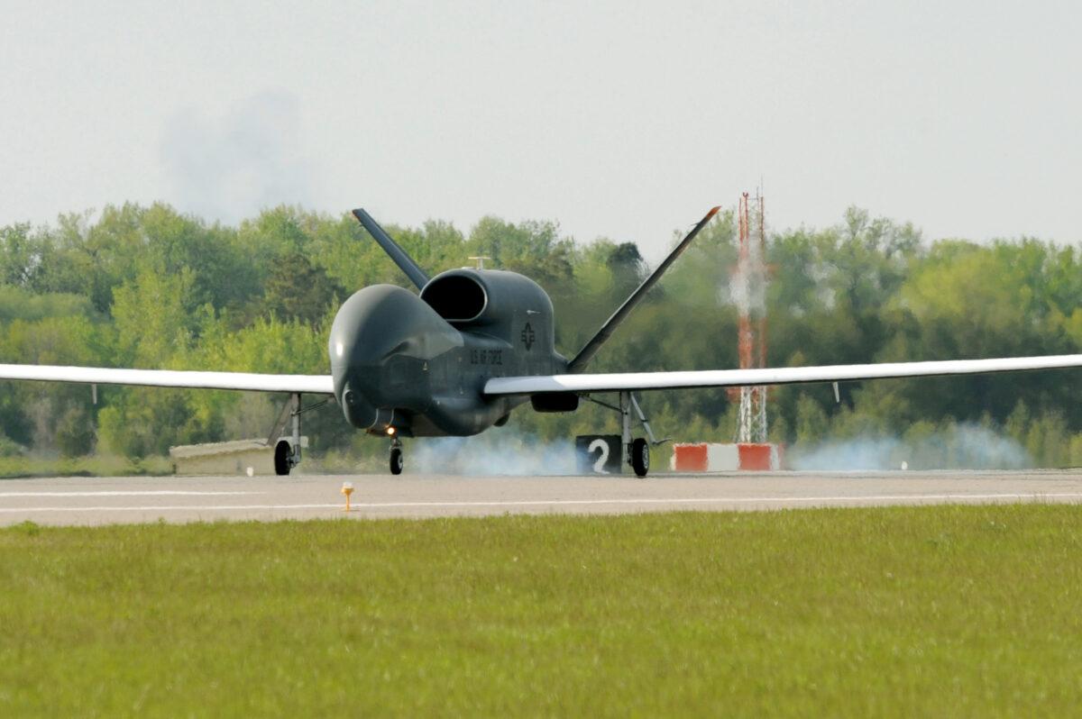 An RQ-4 Global Hawk lands at Grand Forks Air Force Base on May 26, 2011. (U.S. Air Force photo by Tech. Sgt. Johnny Saldivar)