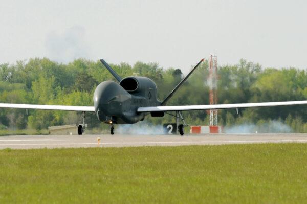 The first RQ-4 Global Hawk arrives at Grand Forks Air Force Base on May 26, 2011. (Tech. Sgt. Johnny Saldivar/U.S. Air Force)