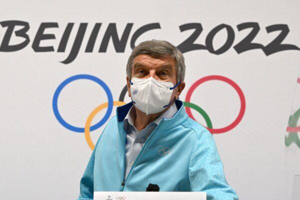 International Olympic Committee (IOC) President Thomas Bach addresses journalists during a press conference at the Main Media Center on Feb. 18, 2022. (Gabriel Bouys/AFP via Getty Images)