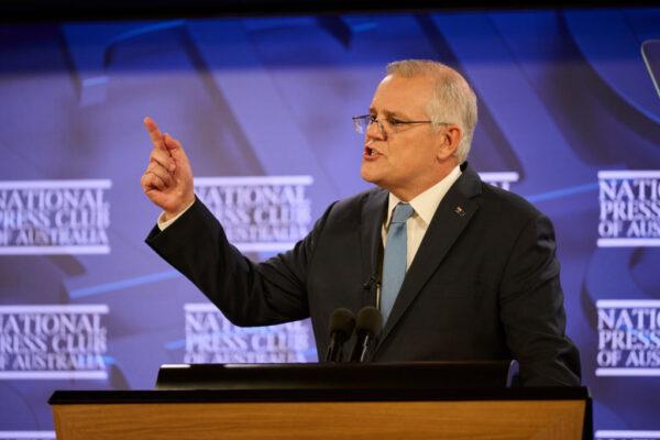 Prime Minister Scott Morrison speaks at the National Press Club in Canberra, Australia, on Feb. 1, 2022. (Rohan Thomson/Getty Images)