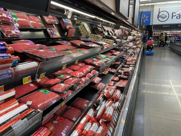 The beef section at Walmart in Flagstaff, Ariz., on Feb. 17, 2022, appeared to be well-stocked and free of security devices. (Allan Stein/The Epoch Times)