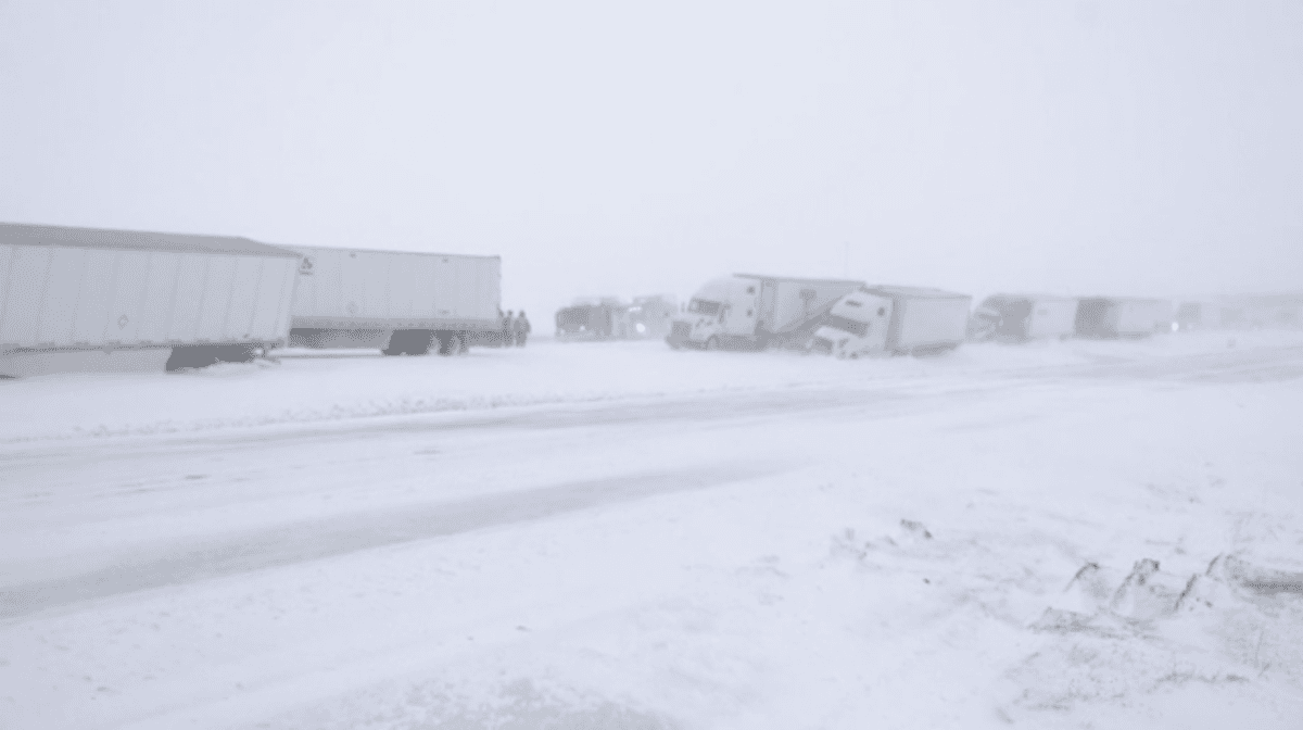 Trucks in a pile-up on an Interstate north of Normal, Illinois, on Feb. 18, 2022. (Courtesy of SCV/Simon Brewer via CNN)
