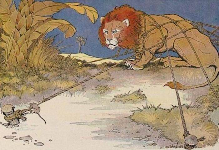 “The Lion and the Mouse” illustrated by Milo Winter, from “The Aesop for Children,” 1919. (PD-US)