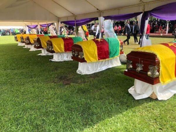 Caskets of schoolchildren slain by unidentified gunmen in Southwest Cameroon on Oct. 24, 2020. (Anonymous/The Epoch Times)