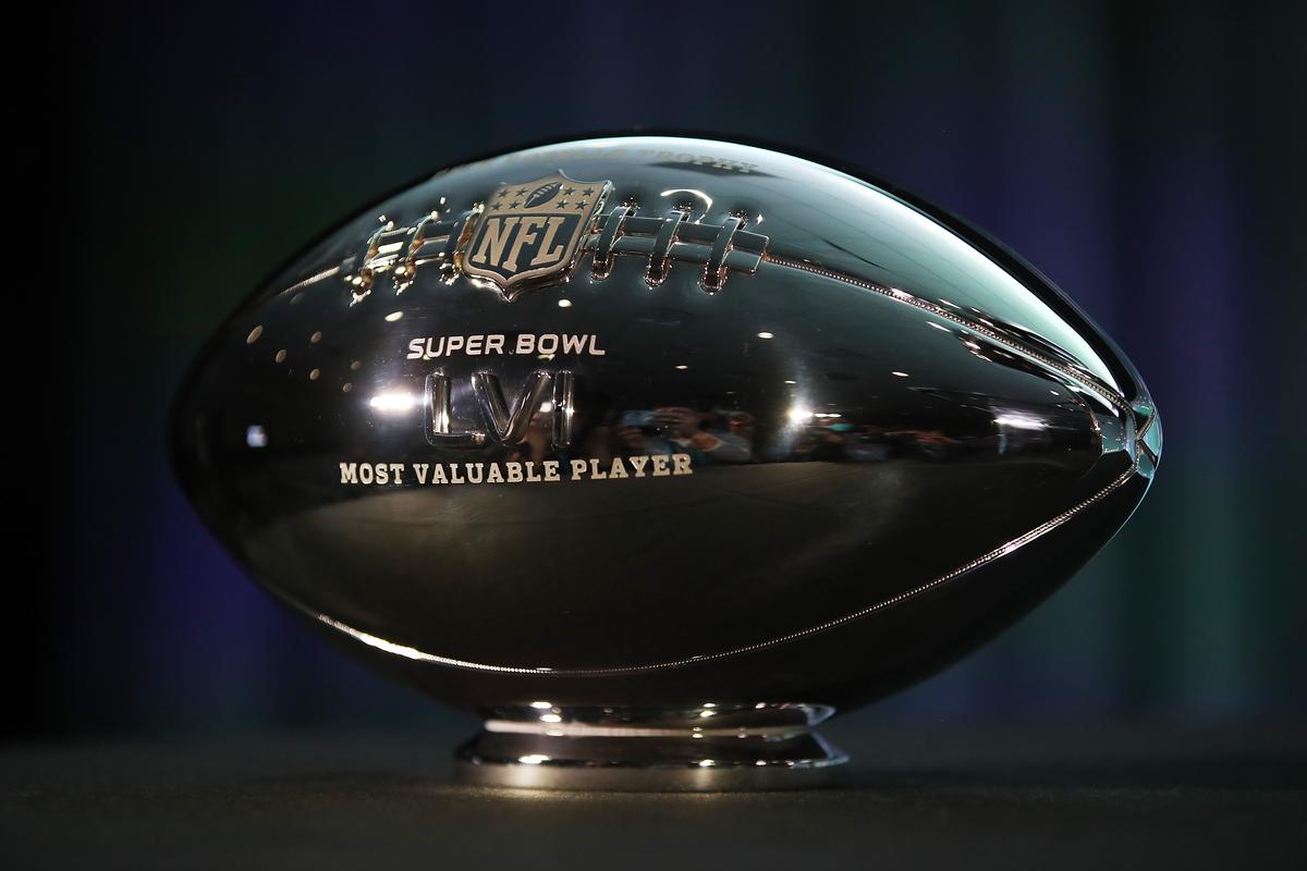 The Pete Rozelle Trophy given to the Super Bowl MVP is seen during the Super Bowl LVI head coach and MVP press conference at Los Angeles Convention Center on Feb. 14, 2022, in Los Angeles, California. (Katelyn Mulcahy/Getty Images)