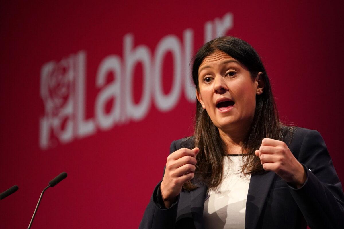 Shadow foreign secretary Lisa Nandy speaks on stage at the Labour Party conference in Brighton, southeast England, on Sept. 27, 2021. (Gareth Fuller/PA)