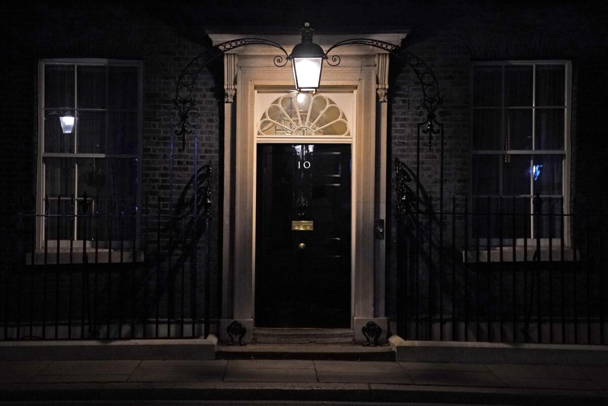A light over the 10 Downing Street door in London on Feb. 3, 2022. (Kirsty O’Connor/PA)
