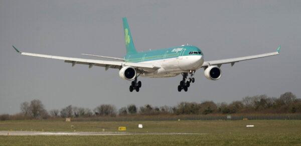 An Aer Lingus flight from New York lands at Dublin airport in this 2022 file photo. (Niall Carson/PA)