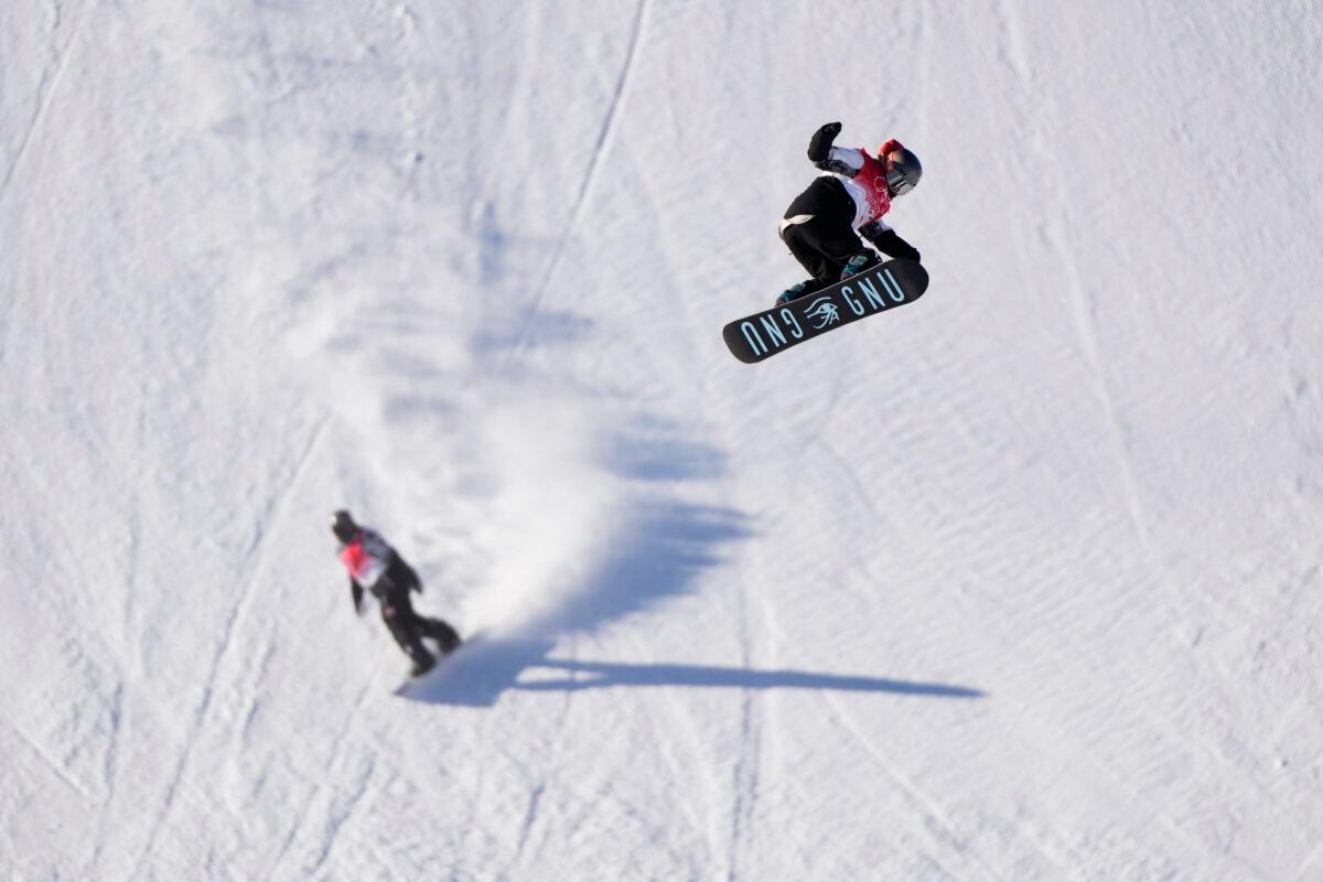 United States' Jamie Anderson catches air on the slopestyle course ahead of the 2022 Winter Olympics in Zhangjiakou, China, on Feb. 2, 2022. (Francisco Seco/AP Photo)
