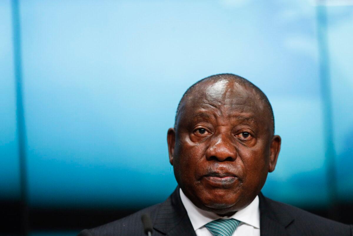 South Africa's President Cyril Ramaphosa speaks during a media conference at an EU Africa summit in Brussels, Friday, Feb. 18, 2022. (Johanna Geron/Photo via AP)