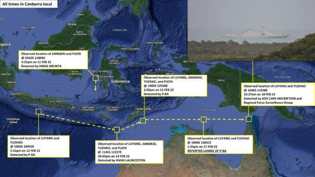 A storyboard depicting the movements of a PLA-N Luyang-class guided missile destroyer and a PLA-N Yuzhao-class amphibious transport dock vessel, including their passage into the Arafura Sea and through the Torres Strait into the Coral Sea. Note the lasing incident against a Royal Australian Air Force P-8 Poseidon maritime patrol aircraft that occurred on Feb. 17, 2022. (Supplied/Australian Defence Department)
