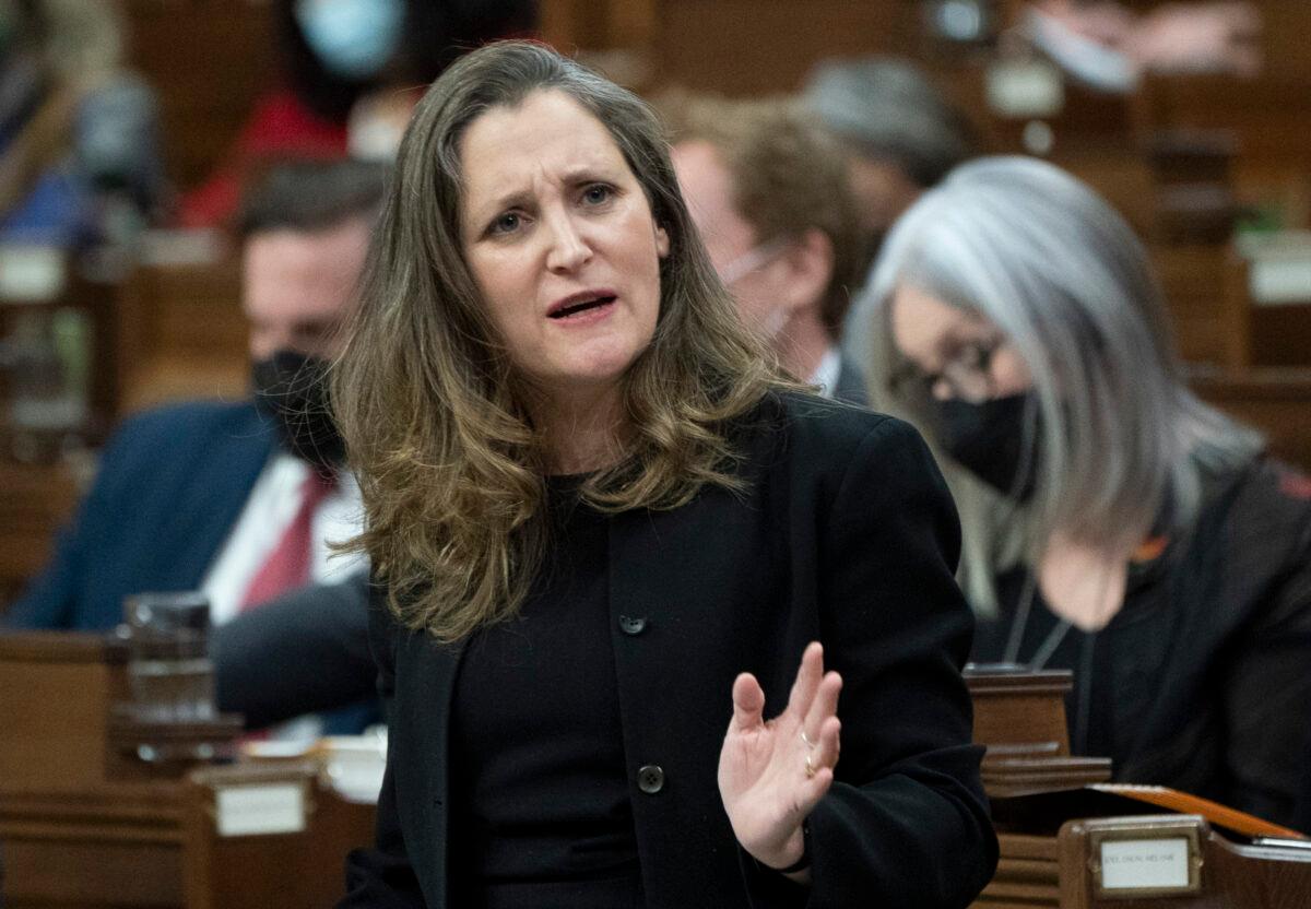 Deputy Prime Minister and Finance Minister Chrystia Freeland rises during question period on Parliament Hill in Ottawa on Feb. 15, 2022. (The Canadian Press/Adrian Wyld)