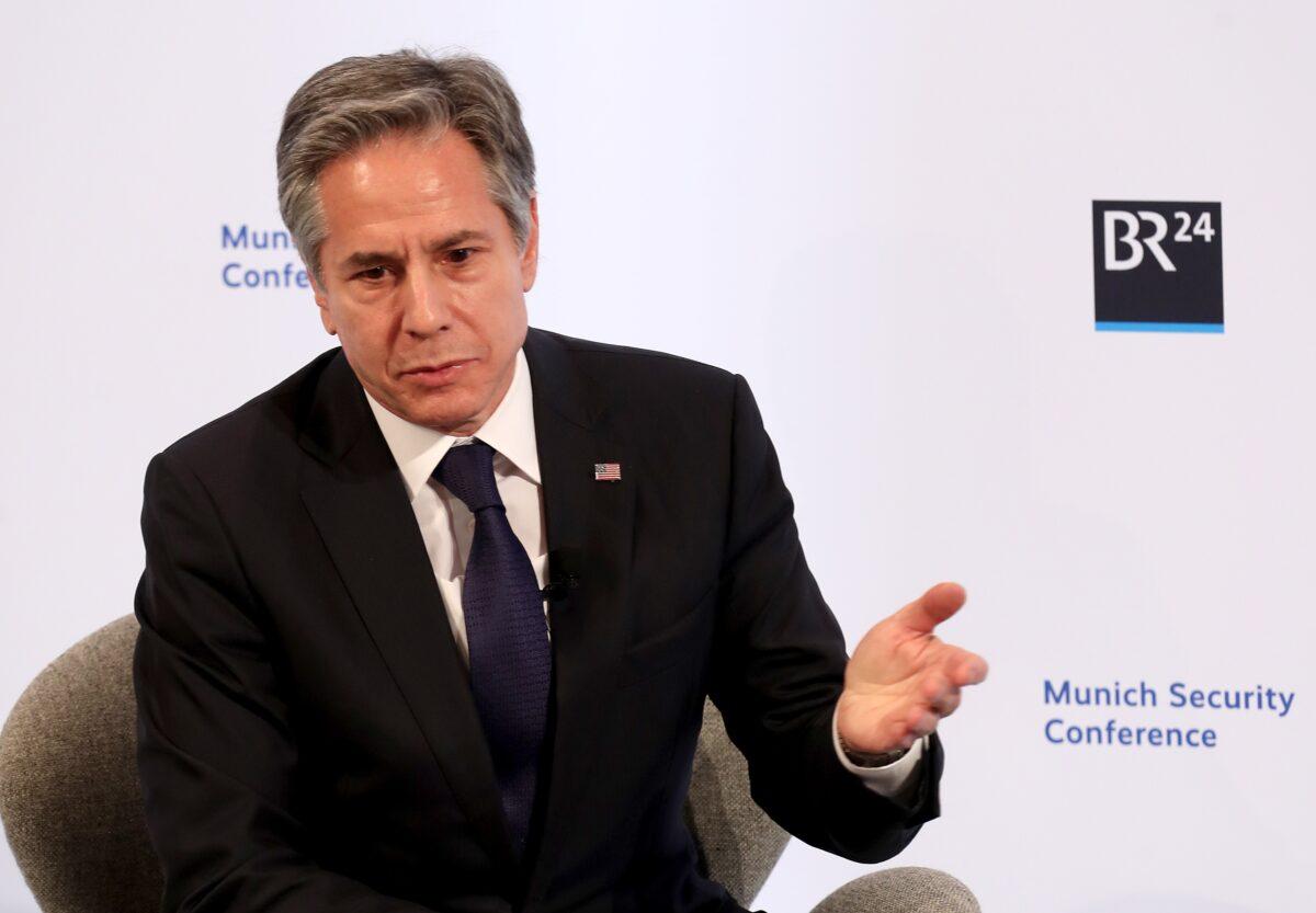 U.S. secretary of state Antony Blinken speaks during a panel discussion at the 2022 Munich Security Conference, in Munich, Germany, on Feb. 18, 2022. (Alexandra Beier/Getty Images)