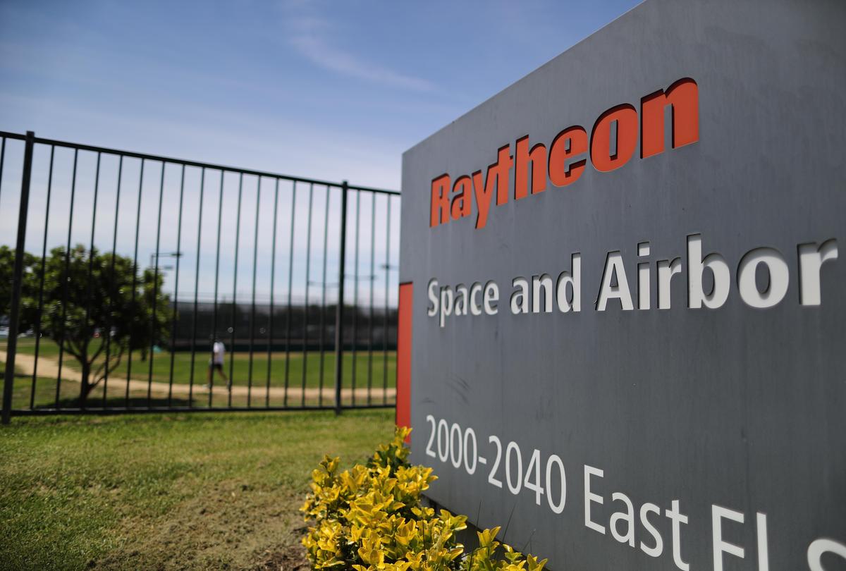 A sign is posted at a Raytheon campus in El Segundo, Calif., on June 10, 2019. (Mario Tama/Getty Images)
