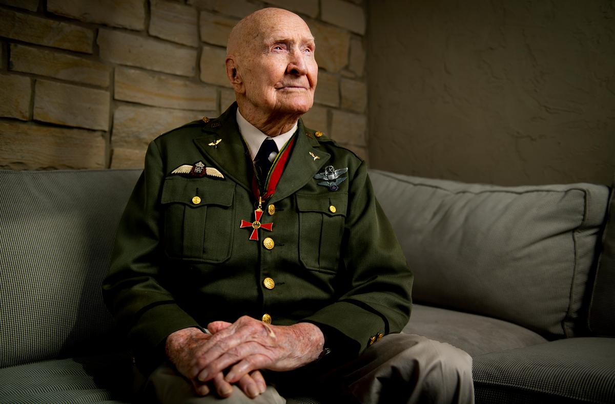 Gail Halvorsen, also known as the "Candy Bomber," poses for a portrait at his son's home in Midway, Utah, on Oct. 7, 2020. (Isaac Hale/The Daily Herald via AP)