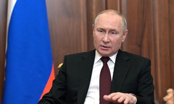 Russian President Vladimir Putin addresses the nation in the Kremlin in Moscow, Russia, on Feb. 21, 2022. (Alexei Nikolsky, Sputnik, Kremlin Pool Photo via AP)