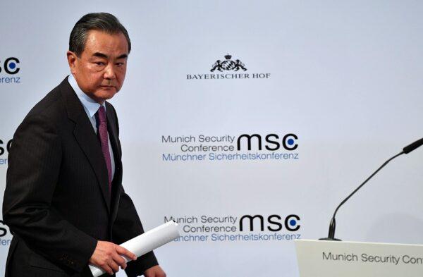 Chinese minister of foreign affairs Wang Yi speaks at the 2020 Munich Security Conference (MSC) in Munich, Germany, on Feb. 15, 2020. (Johannes Simon/Getty Images)