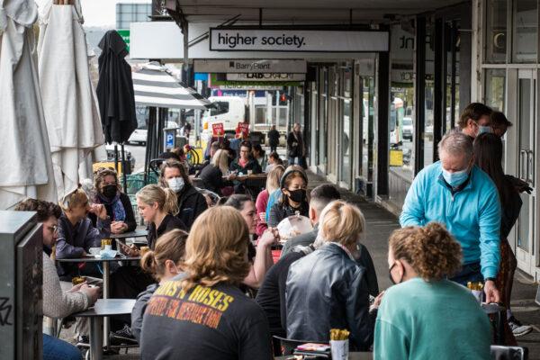 People enjoy outdoor dining along Sturt Street in Ballarat, Australia, on Sep. 10, 2021. (Darrian Traynor/Getty Images)