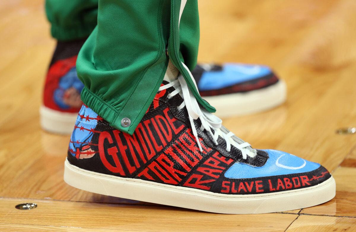 The shoes of Enes Kanter of the Boston Celtics before the Celtics home opener against the Toronto Raptors at TD Garden, in Boston on Oct. 22, 2021. (Maddie Meyer/Getty Images)