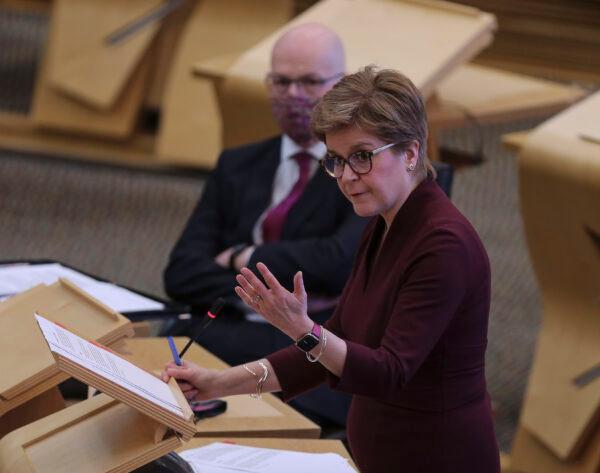 Scottish First Minister Nicola Sturgeon speaks during a COVID-19 update to the Scottish Parliament in Edinburgh, on Feb. 22, 2022. (Fraser Bremner - Pool/Getty Images)