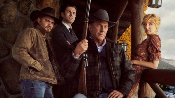 (L–R) Luck Grimes as Kayce, Wes Bentley as Jamie, Kevin Costner as John, and Kelly Reilly as Beth Dutton are an American family in “Yellowstone.” (Paramount Media Networks)