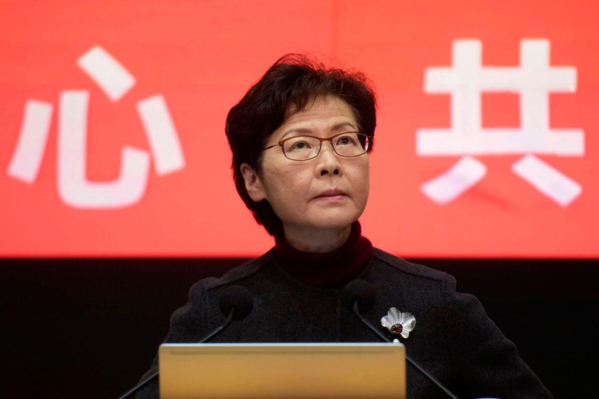 Hong Kong Chief Executive Carrie Lam listens to reporters' questions during a press conference in Hong Kong, on Feb. 22, 2022. (Vincent Yu/AP Photo)