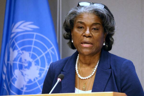 Linda Thomas-Greenfield, the U.S. ambassador to the United Nations, at a briefing in New York City on March 1, 2021. (Spencer Platt/Getty Images)