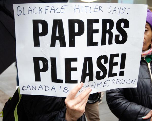 A protestor’s sign at the rally in support of the Canadian truckers outside the Canadian Consulate’s building in midtown Manhattan on Feb. 22, 2022. (Dave Paone/The Epoch Times)