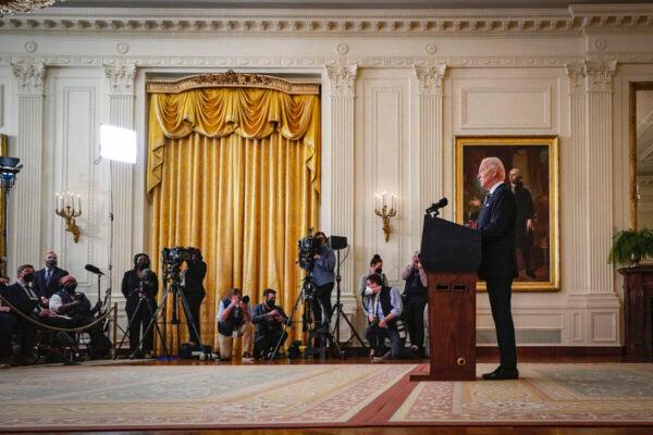 U.S. President Joe Biden delivers remarks on developments in Ukraine and Russia, and announces sanctions against Russia, from the East Room of the White House Feb. 22, 2022, in Washington, DC. (Drew Angerer/Getty Images)