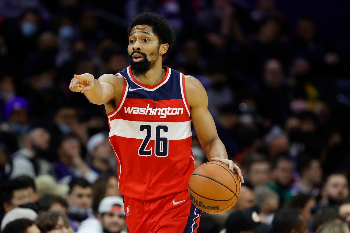 Spencer Dinwiddie of the NBA's Washington Wizards dribbles and gestures during the third quarter against the Philadelphia 76ers at Wells Fargo Center in Philadelphia, on Feb. 2, 2022. (Tim Nwachukwu/Getty Images)