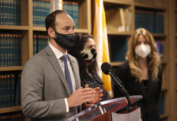 San Francisco District Attorney Chesa Boudin speaks during a press conference at his California office on Feb. 15, 2022.  (Justin Sullivan/Getty Images)