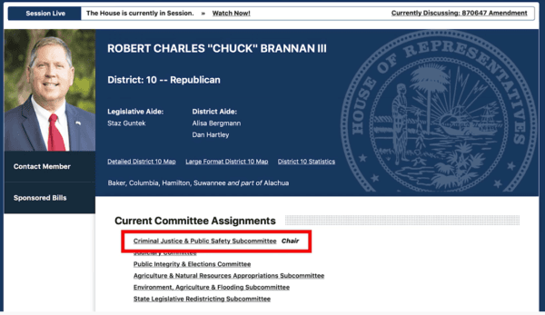 Screenshot from Florida State Rep. Brannan's profile page. (Florida House of Representatives website.)