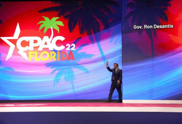 Florida Gov. Ron DeSantis arrives to speak at the Conservative Political Action Conference (CPAC) at The Rosen Shingle Creek in Orlando, Fla., on Feb. 24, 2022. (Joe Raedle/Getty Images)