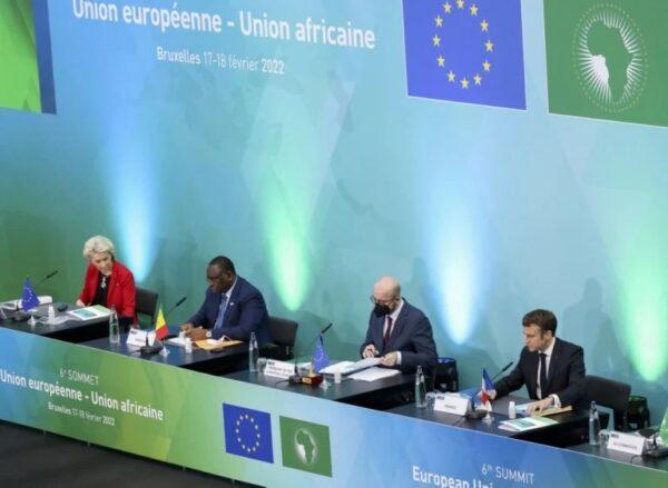 President of the European Commission Ursula von der Leyen (L), Senegal’s President and African Union Chair Macky Sall (2nd L), president of the European Council Charles Michel (2nd R), and French President Emmanuel Macron (R) at the opening session of the summit. (Yves Herman/Pool/AFP)